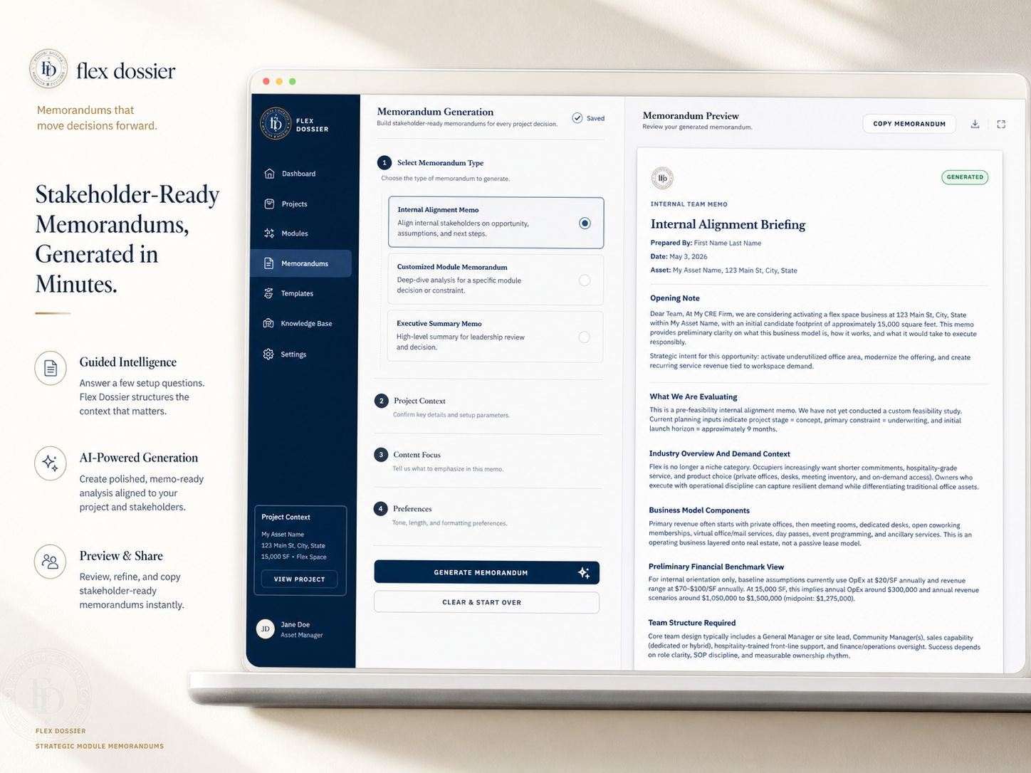 Coworking Blueprint internal alignment memorandum workflow and generated memorandum preview