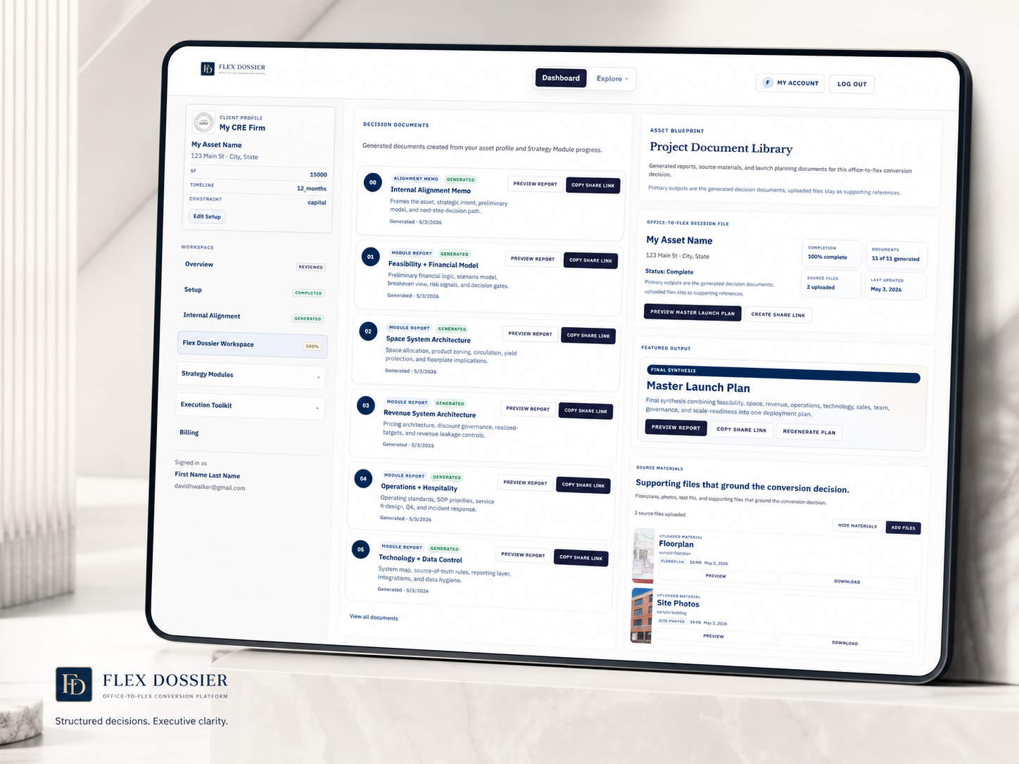 Coworking Blueprint workspace showing generated decision documents, source materials, and final dossier outputs